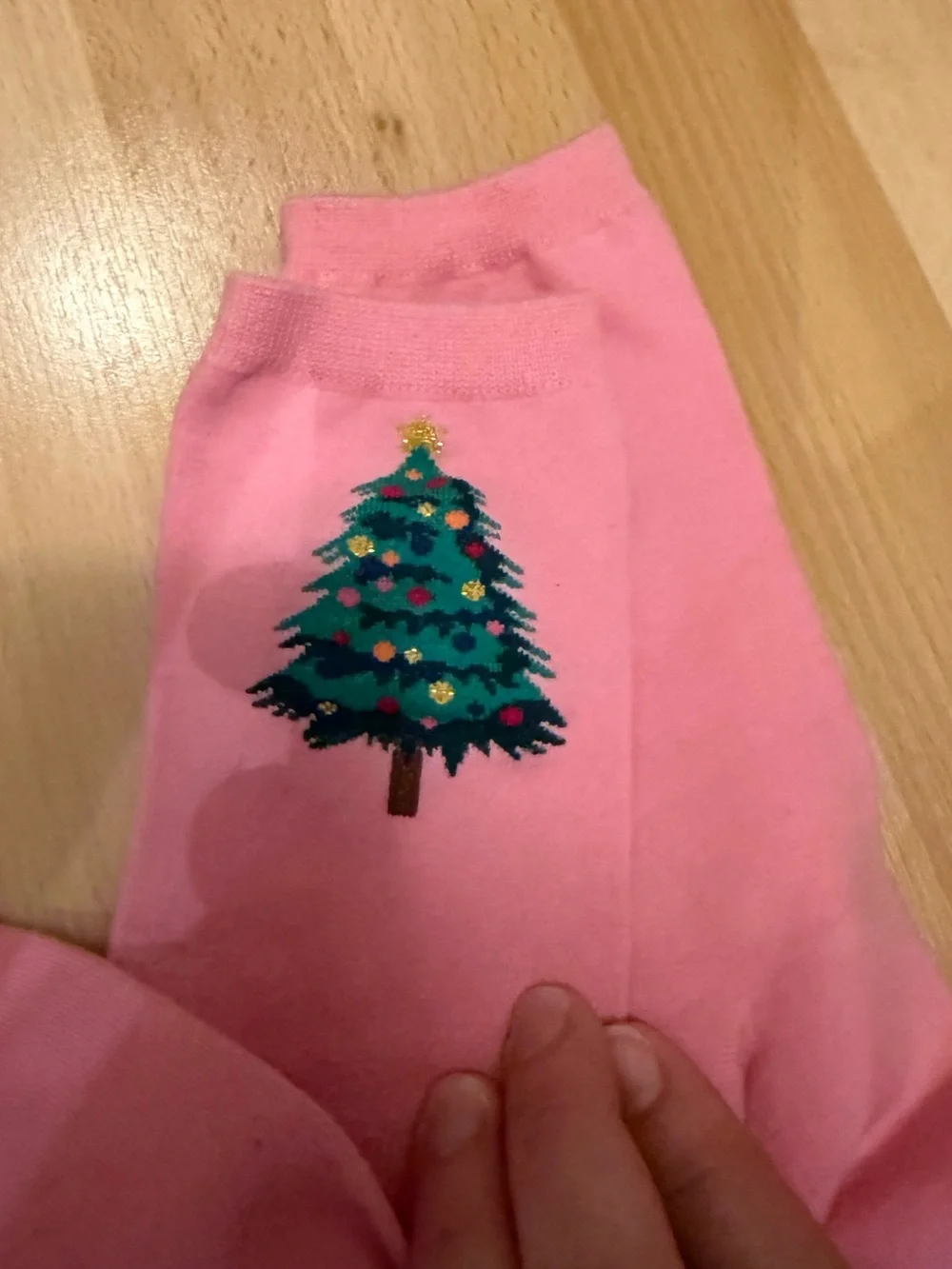 Talbots Pink Crew Socks with Green Christmas Tree Embroidery